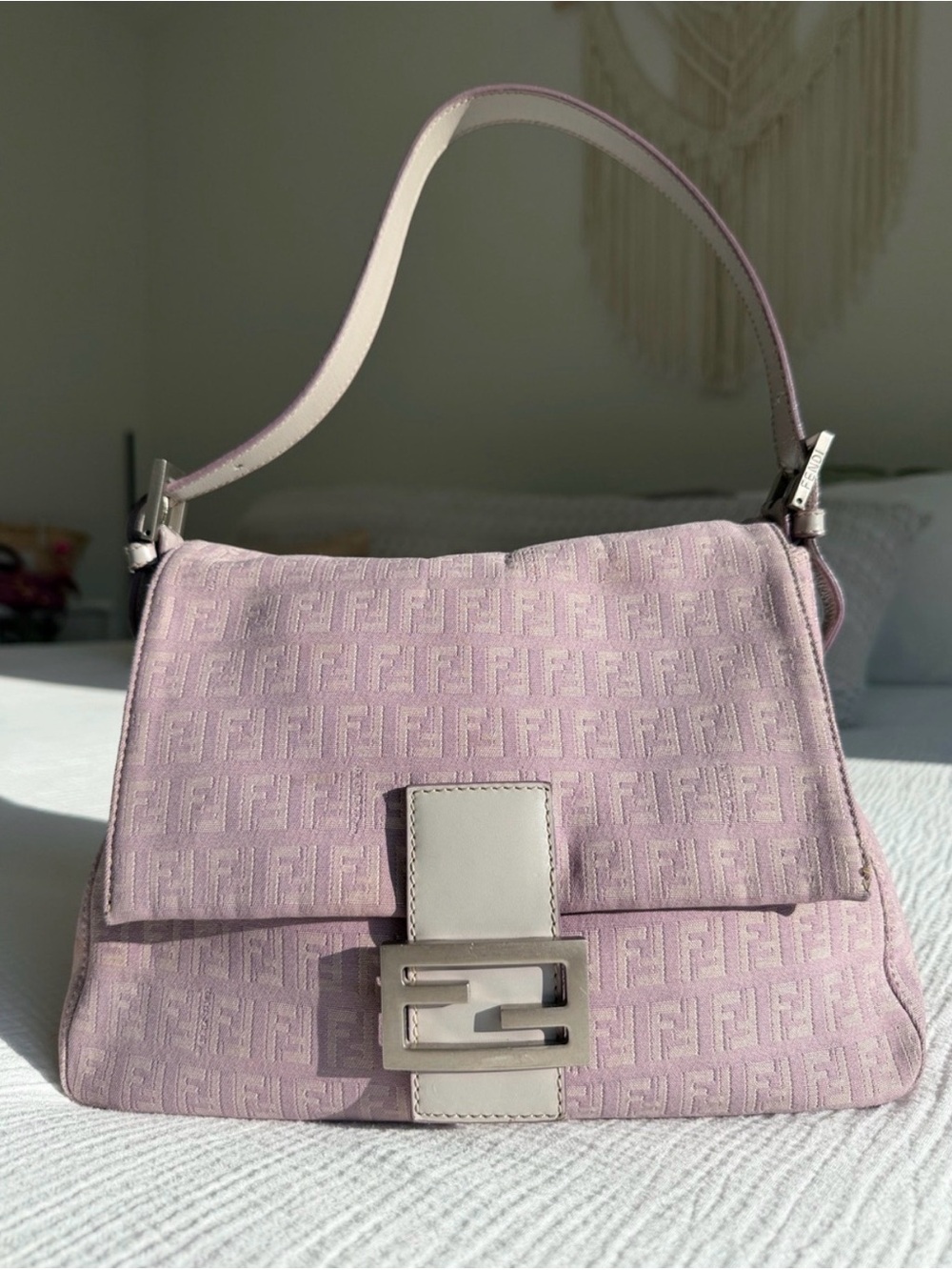 Vintage Fendi Mama Baguette RARE Lilac Zucca FF Shoulder Bag Authentic W/ COA - Picture 7 of 11